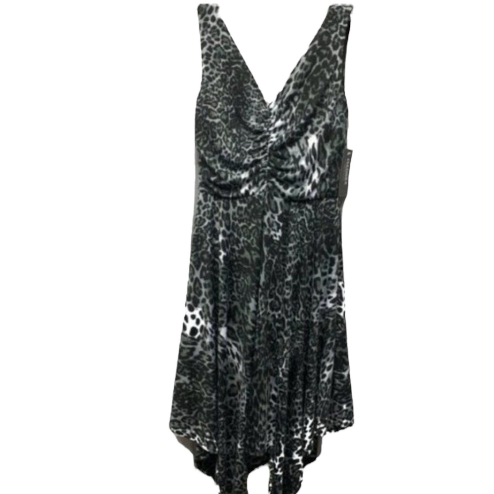 Isadora Small Midi Dress Leopard Print Asymmetric Hem Ruched V-Neck Modern Chic